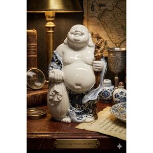 Antique Chinese Blue White Porcelain Hotei Laughing Buddha Figure Qing Dynasty
